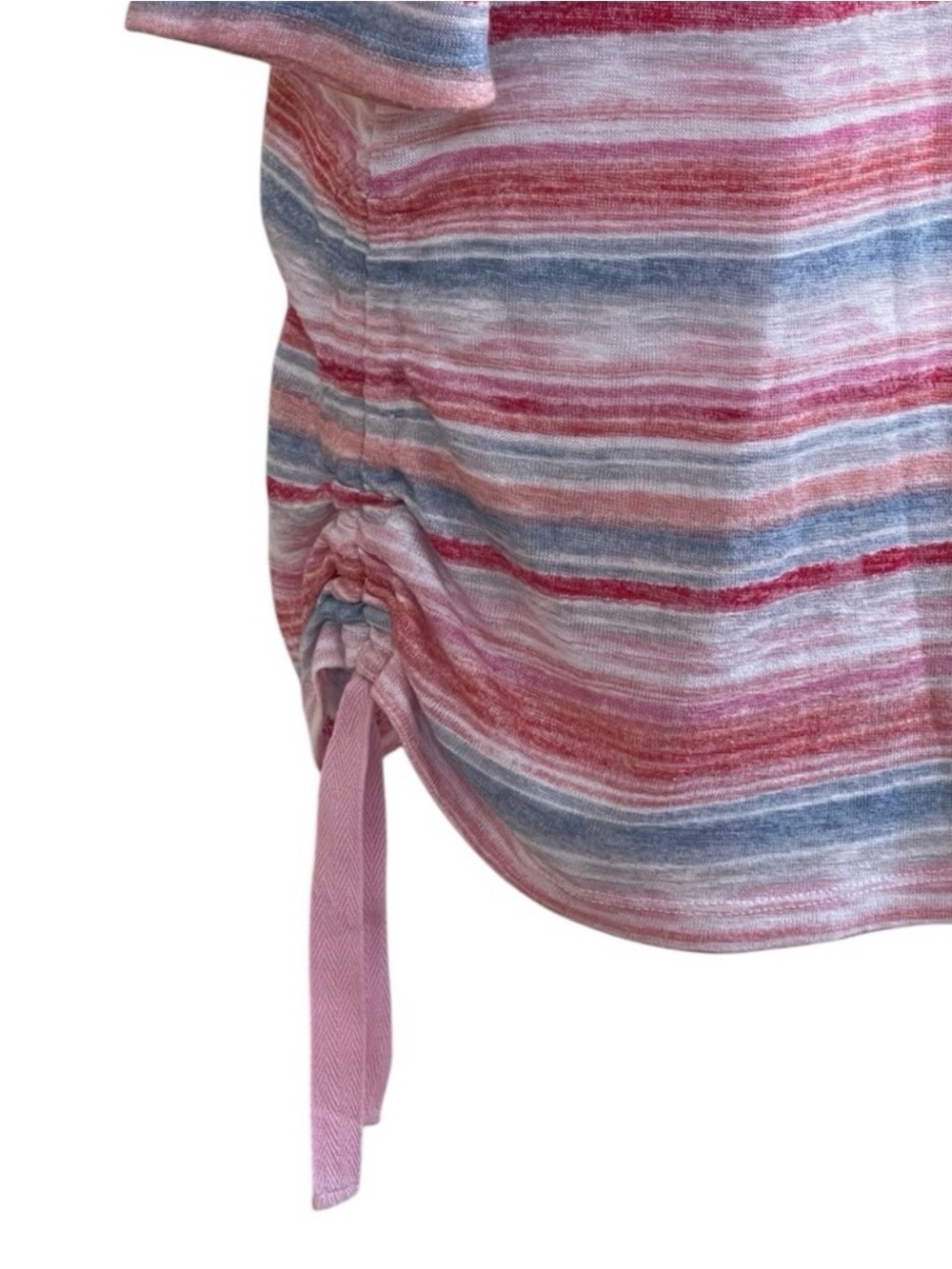 Democracy Pink Blue White Stripes Knit Top Short Sleeves Drawstring Sides, L - Picture 9 of 12